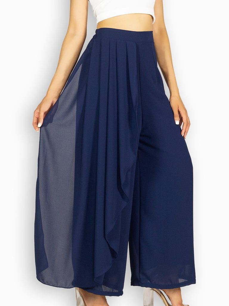 Blue Open Leg Pants with Half Side Pleated Skirt | Fash Official