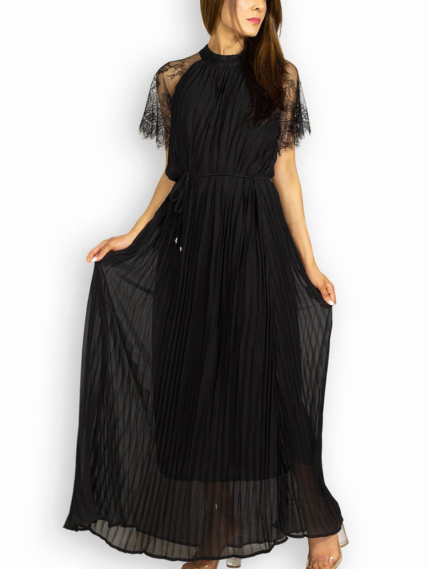 Fash Official Dress Black Pleated Maxi Dress with Lace Sleeve