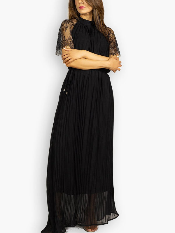 Fash Official Dress Black Pleated Maxi Dress with Lace Sleeve