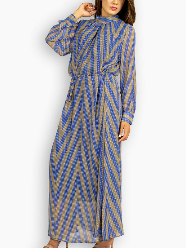 Fash Official Dress Blue and Brown Polka Dot "V" Striped Maxi Dress