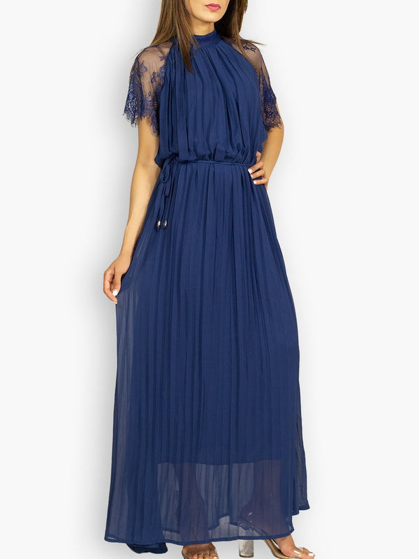 Fash Official Dress Blue Pleated Maxi Dress with Lace Sleeve