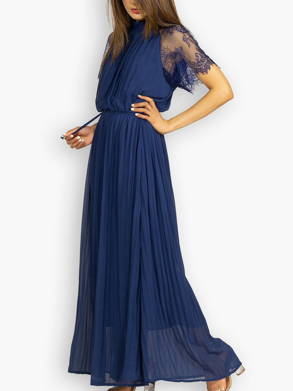 Fash Official Dress Blue Pleated Maxi Dress with Lace Sleeve