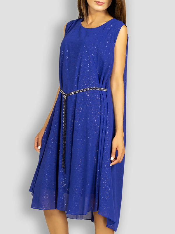 Fash Official Dress Blue Sleeveless Shimmer Dress with Trendy Belt
