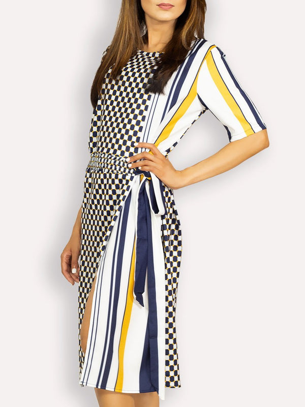 Fash Official Dress Blue, White and Yellow Checkered Stripe Short Dress