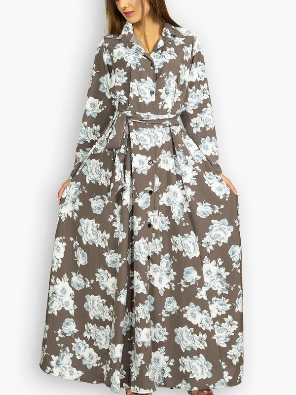 Fash Official Dress Brown and White Floral Buttoned Jacket Maxi Dress