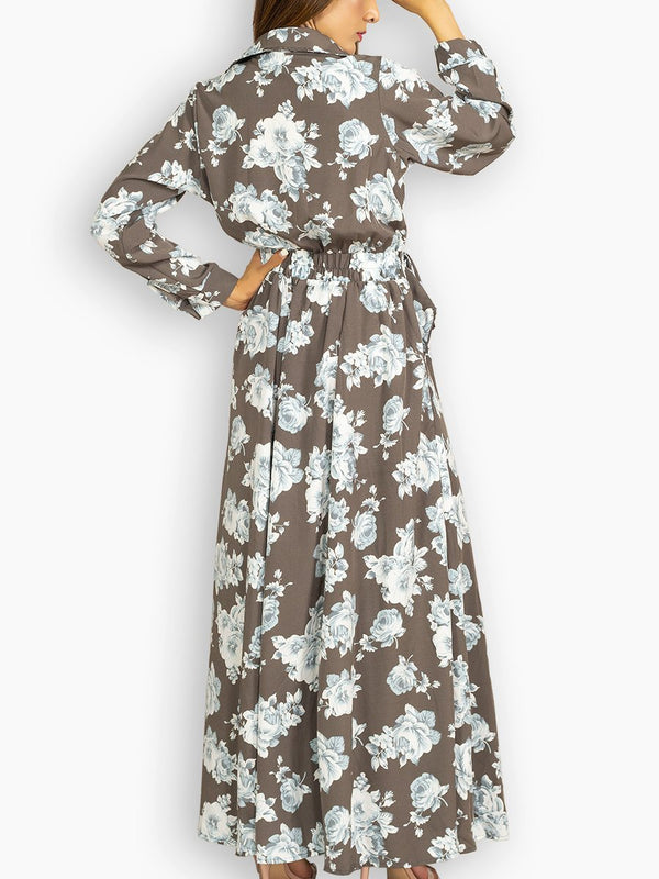Fash Official Dress Brown and White Floral Buttoned Jacket Maxi Dress