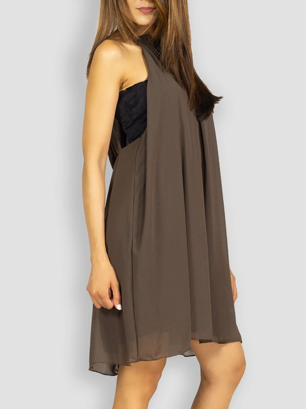 Fash Official Dress Brown Halter Short Dress with Ruffles