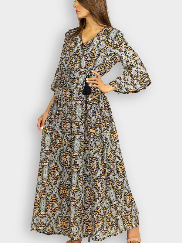 Fash Official Dress Funky Black, Brown and Green Floral Printed Maxi Dress