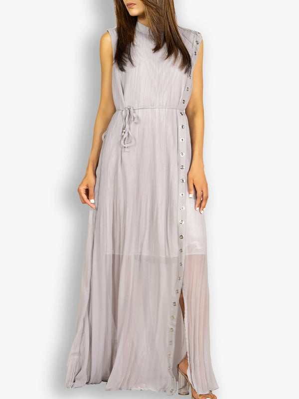 Fash Official Dress Gray Pleated Long Maxi Dress with Studded Metal Holes