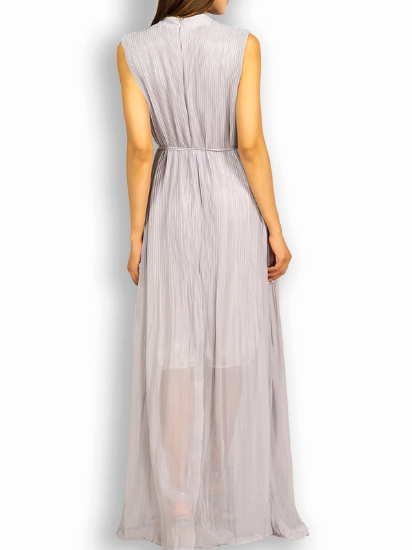 Fash Official Dress Gray Pleated Long Maxi Dress with Studded Metal Holes