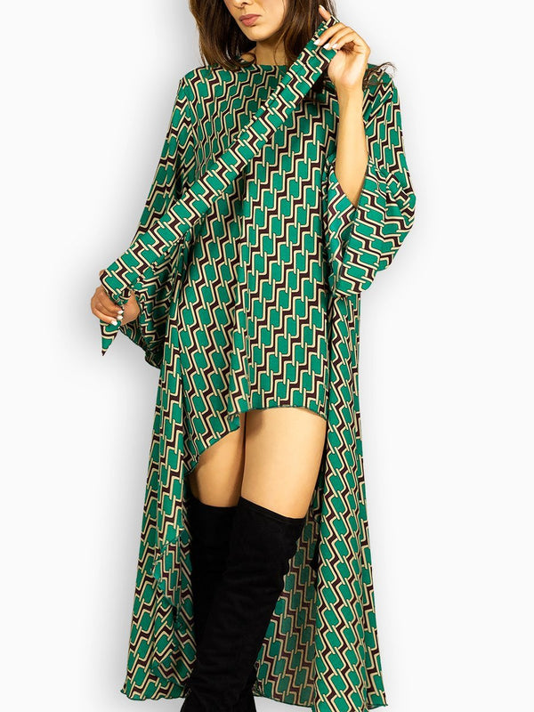 Fash Official Dress Green Irregular Abstract Print Short Dress / Top with a Head Band / Belt