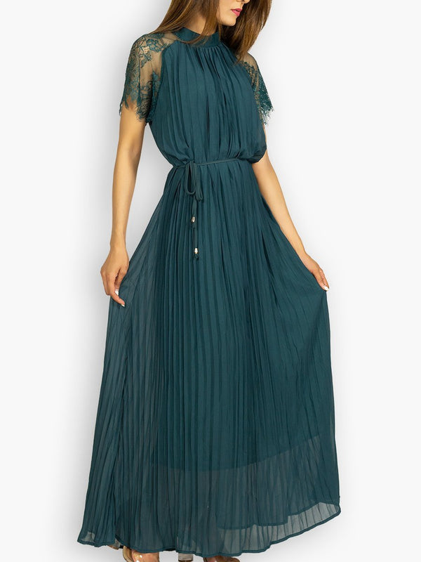 Fash Official Dress Green Pleated Maxi Dress with Lace Sleeve