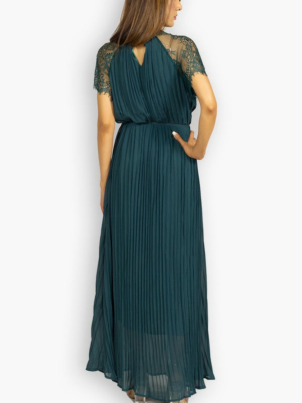 Fash Official Dress Green Pleated Maxi Dress with Lace Sleeve