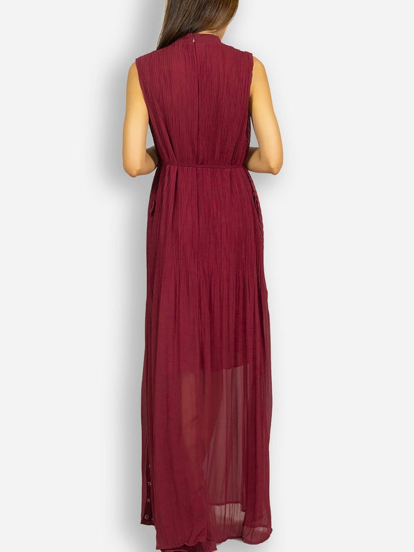 Fash Official Dress Maroon / Red Pleated Long Maxi Dress with Studded Metal Holes