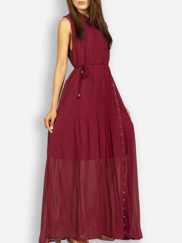 Fash Official Dress Maroon / Red Pleated Long Maxi Dress with Studded Metal Holes