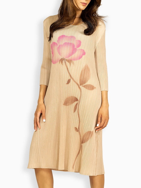 Fash Official Dress Nude Long Slinky Dress with Painted Pink Print