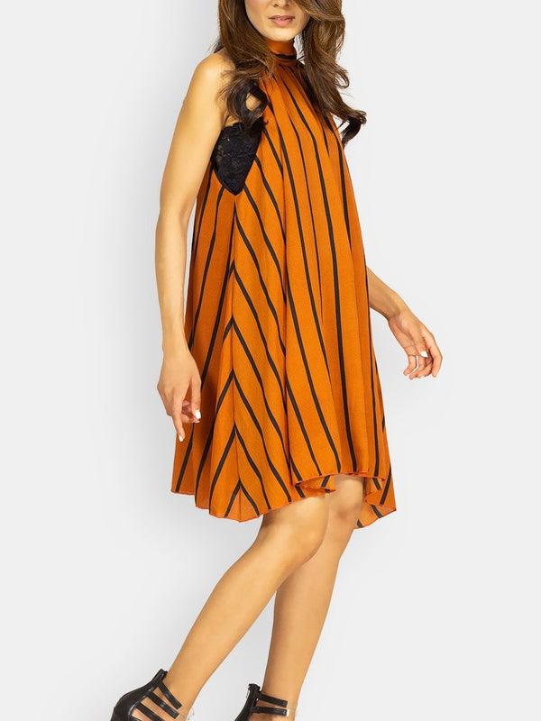 Fash Official Dress Orange and Black Vertical Stripe Short Dress
