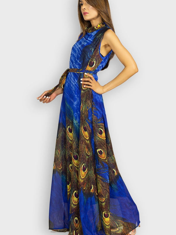 Fash Official Dress Peackock Blue Printed Maxi Dress