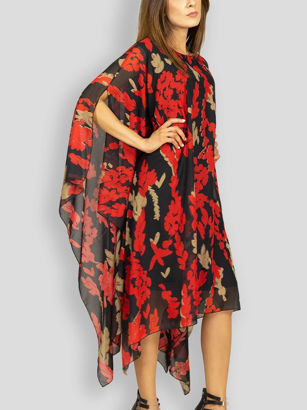 Fash Official Dress Red and Black Floral Printed Long Kaftan Dress