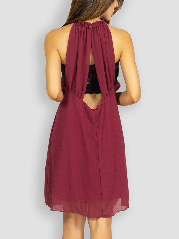 Fash Official Dress Red / Maroon Halter Short Dress with Ruffles