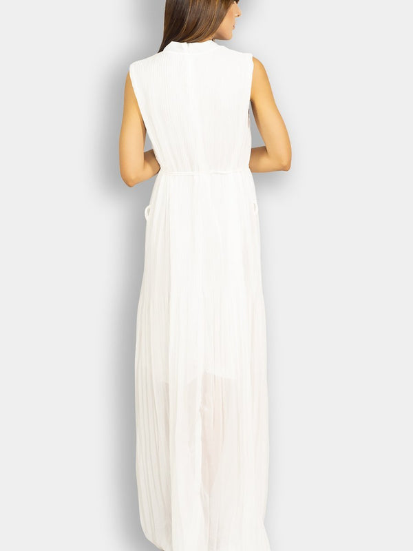 Fash Official Dress White Pleated Long Maxi Dress with Studded Metal Holes