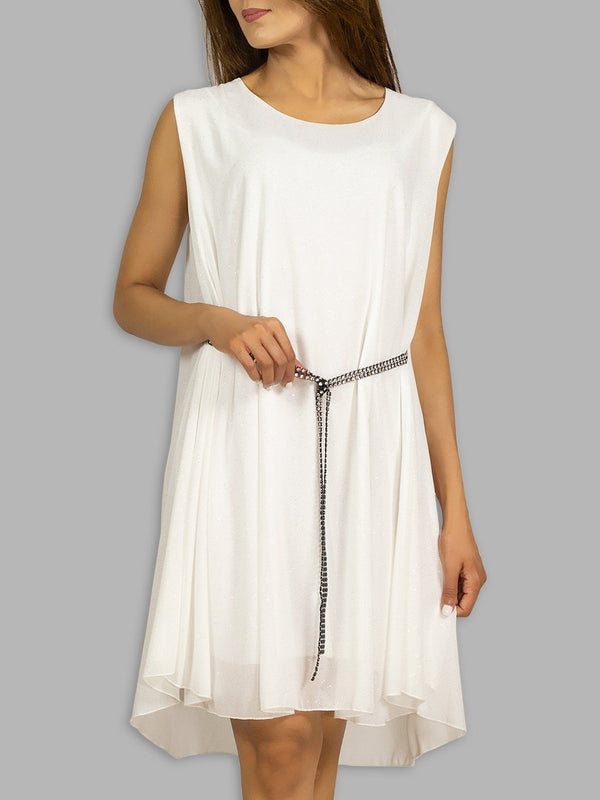 Fash Official Dress White Sleeveless Shimmer Dress with Trendy Belt