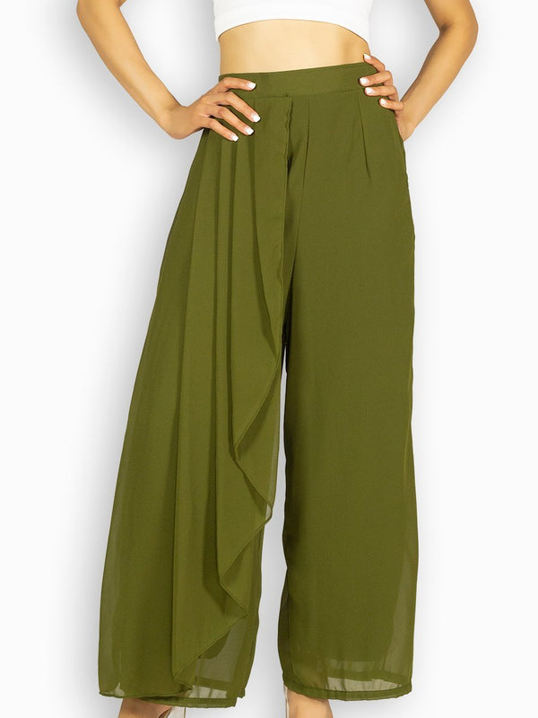 Fash Official Pants Army Green Open Leg Pants with Half Side Pleated Skirt