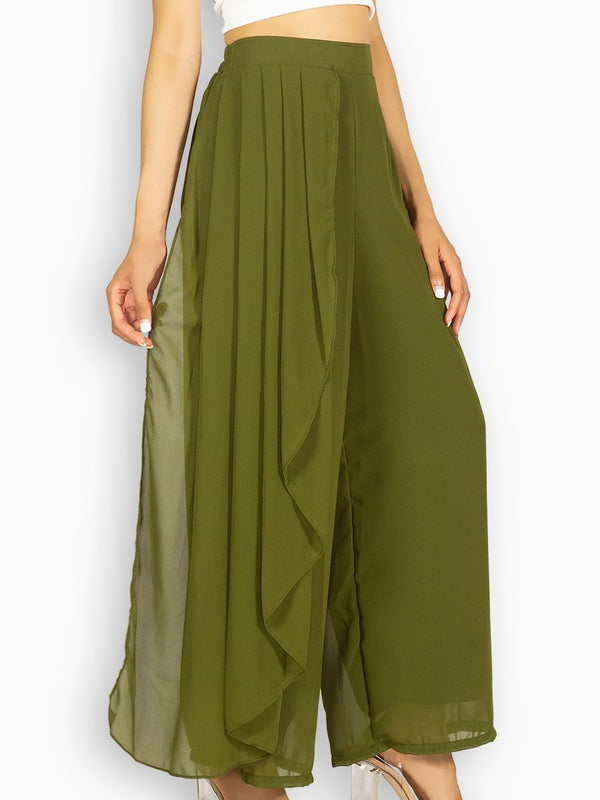 Fash Official Pants Army Green Open Leg Pants with Half Side Pleated Skirt