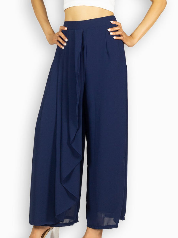 Fash Official Pants Blue Open Leg Pants with Half Side Pleated Skirt