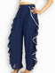 Blue Open Leg Pants with White Side Frill