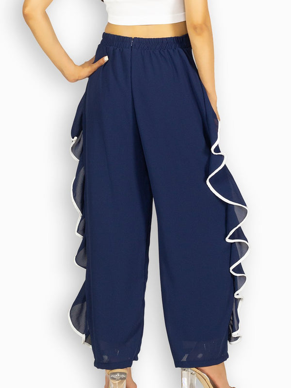 Fash Official Pants Blue Open Leg Pants with White Side Frill