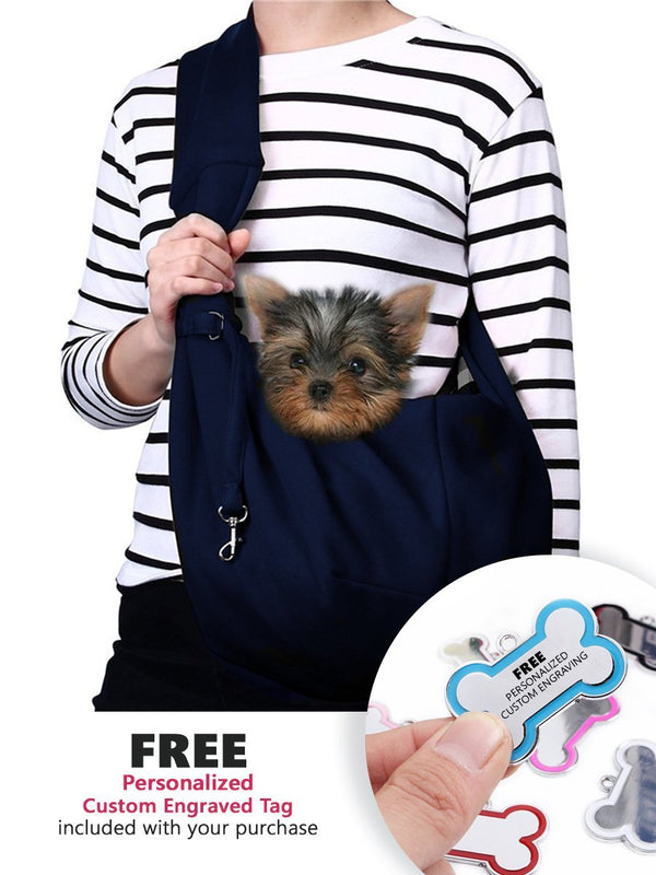Fash Official Pet Supplies Cuddle Me in Checker Reversible Navy Blue Sling Pet Outdoor Travel Carrier Sling Backpack - Personalized Engraved Tag Included