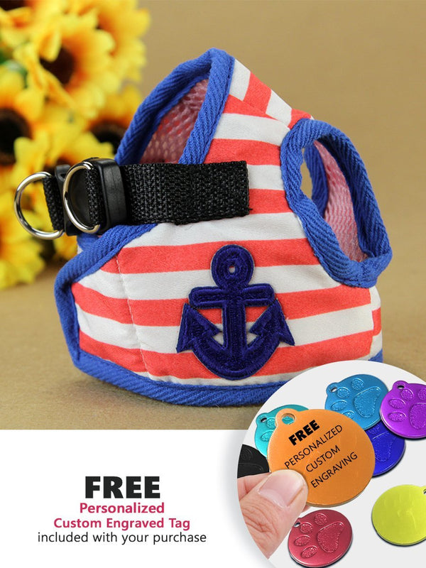 Fash Official Pet Supplies Medium Red Striped Sailor Pet Harness ~ Personalized Engraved Tag Included