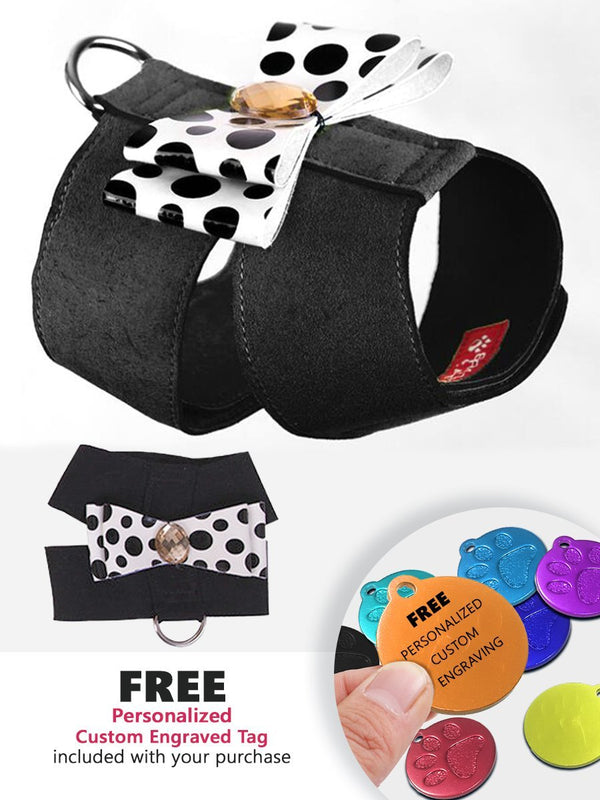 Fash Official Pet Supplies Small Black with a Big Polka Dot Bow Pet Harness - Personalized Engraved Tag Included