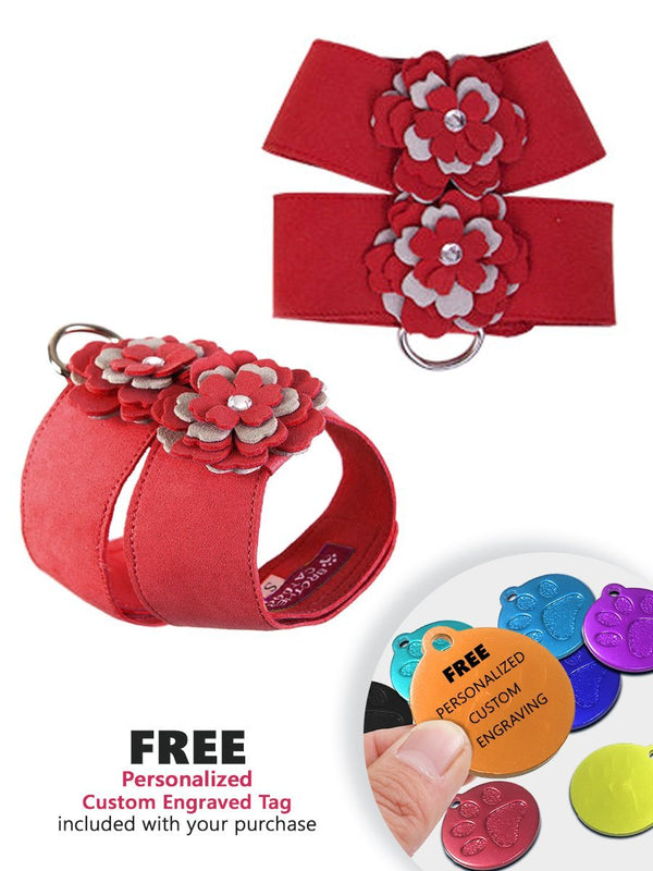 Fash Official Pet Supplies Small Blooming Red Flower Pet Harness - Personalized Engraved Tag Included
