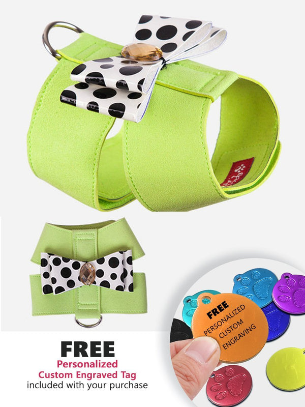 Fash Official Pet Supplies Small Neon Green with a Big Polka Dot Bow Pet Harness - Personalized Engraved Tag Included