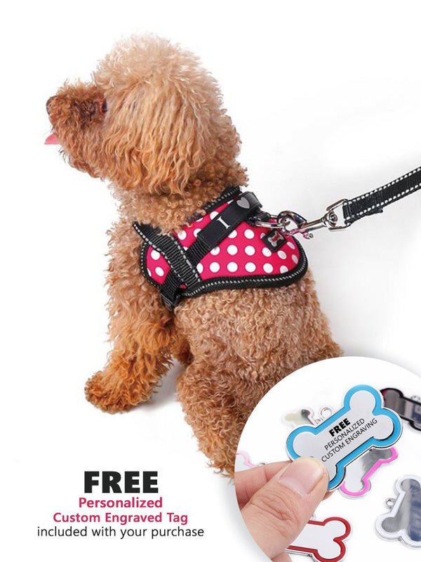 Fash Official Pet Supplies Small Pink with White Polka Dots Reflective Oxford Pet Harness ~ Personalized Engraved Tag Included