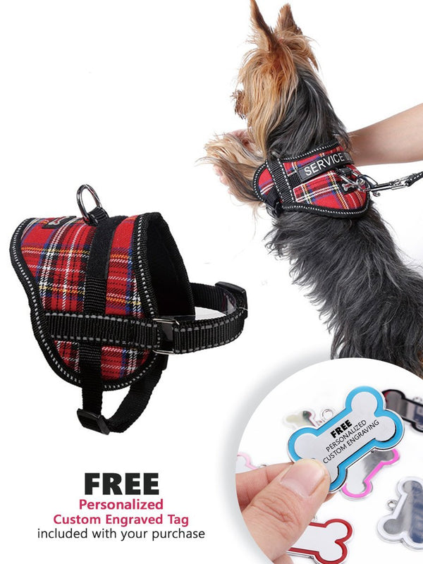 Fash Official Pet Supplies Small Red Checkered Reflective Oxford Pet Harness ~ Personalized Engraved Tag Included