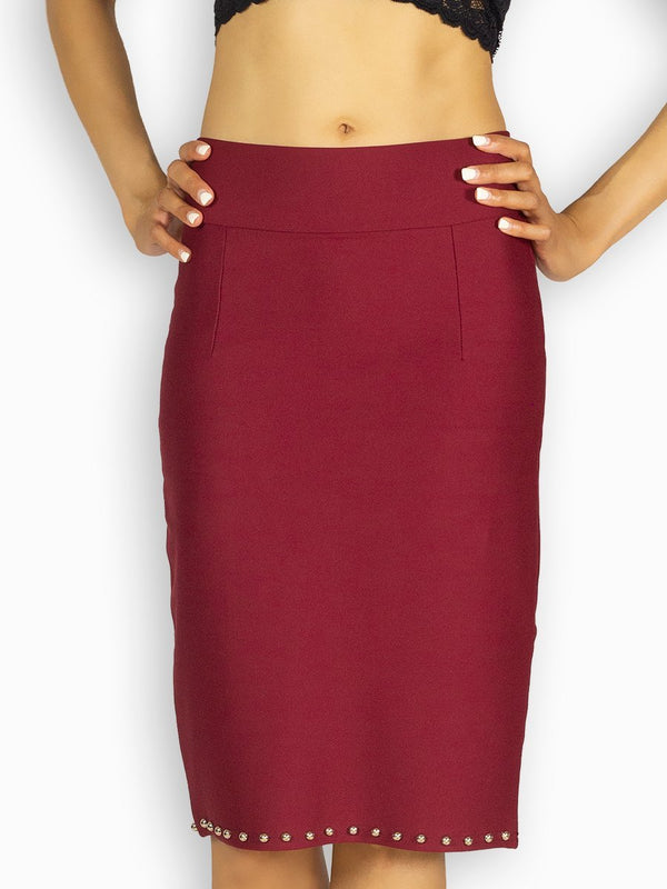 Fash Official Skirts Maroon High Waisted Stretch Pencil Skirt with Beads