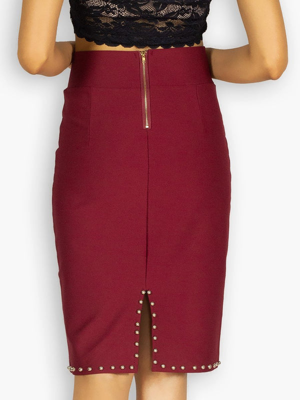 Fash Official Skirts Maroon High Waisted Stretch Pencil Skirt with Beads