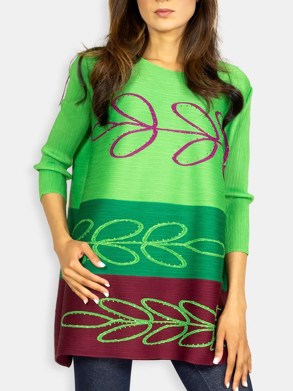 Fash Official Tops Bright Green Shaded Slinky Top with Colored Horizontal Stripes and Sequence Pattern