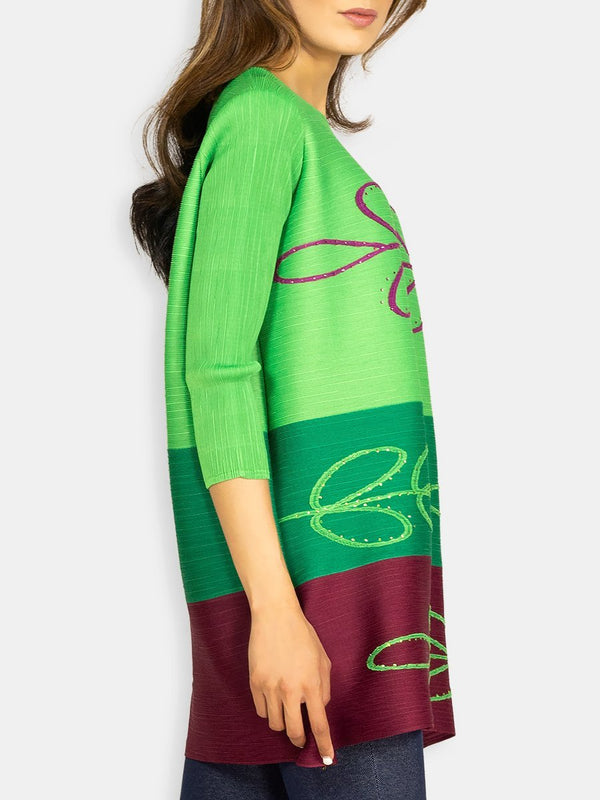 Fash Official Tops Bright Green Shaded Slinky Top with Colored Horizontal Stripes and Sequence Pattern