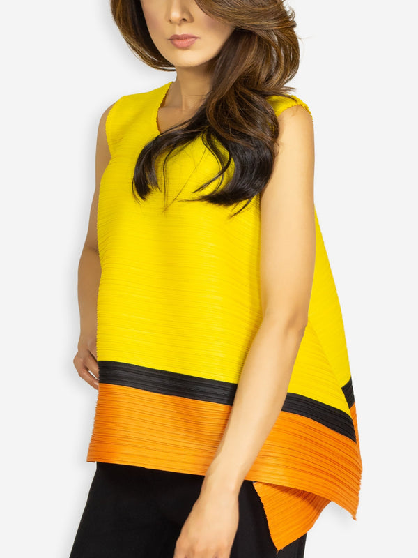 Fash Official Tops Bright Yellow Slinky Top with Colored Horizontal Stripes