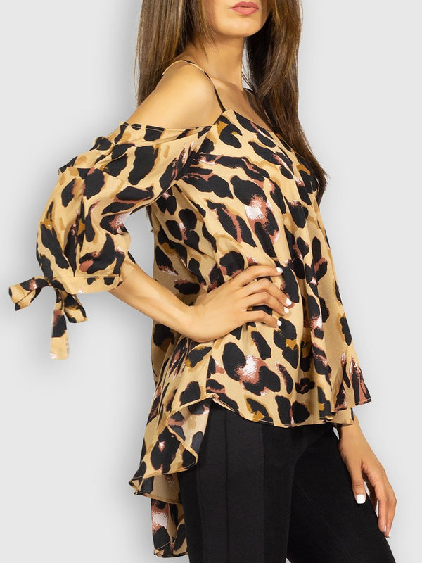 Fash Official Tops Brown and Black Leopard Printed Cold Shoulder Top