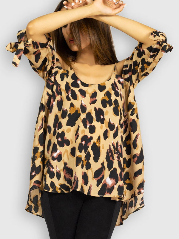 Fash Official Tops Brown and Black Leopard Printed Cold Shoulder Top