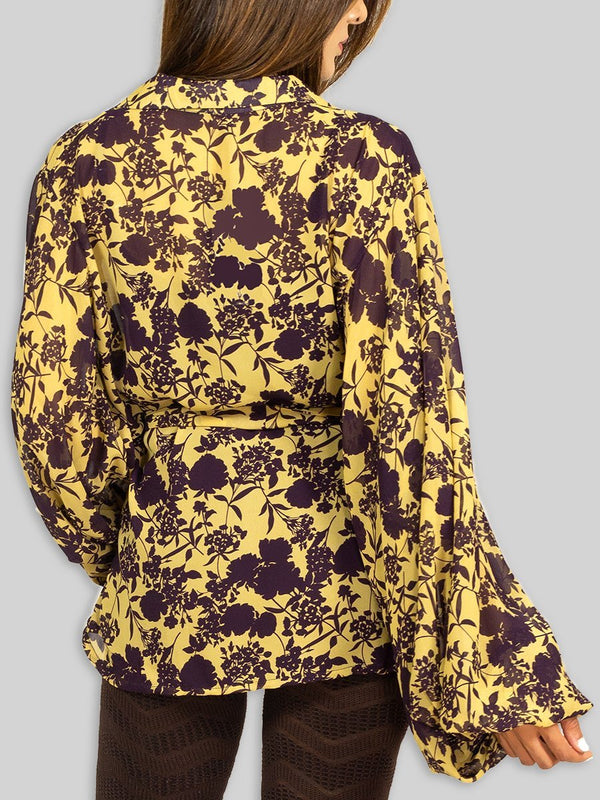 Fash Official Tops Brown and Yellow Floral Printed Wrap Shirt Top