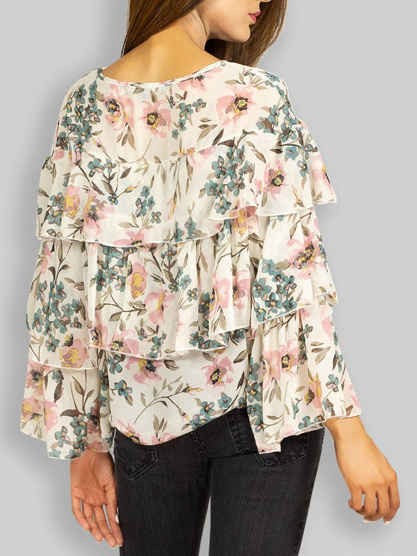 Fash Official Tops Cream Floral Printed Ruffle / Frill Top