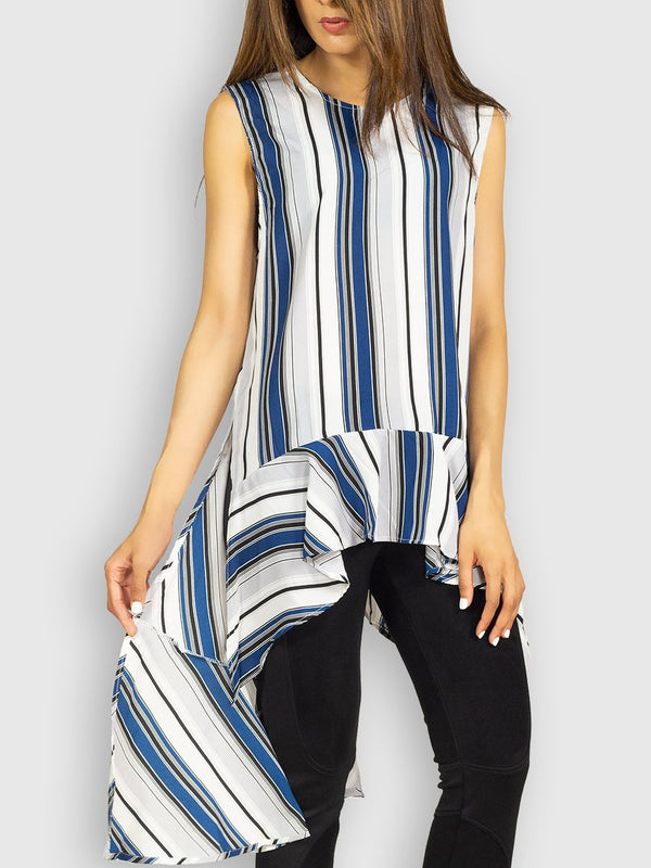 Fash Official Tops Funky Irregular Vertical Blue and White Stripe Top