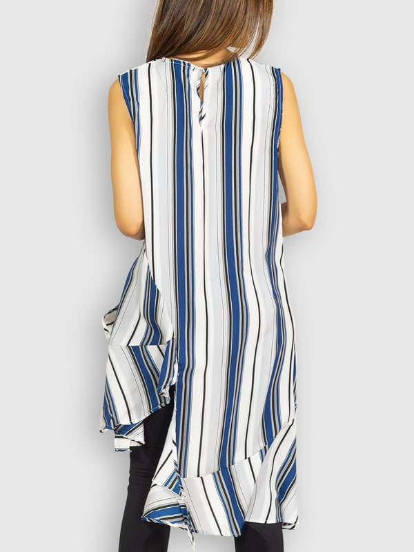 Fash Official Tops Funky Irregular Vertical Blue and White Stripe Top