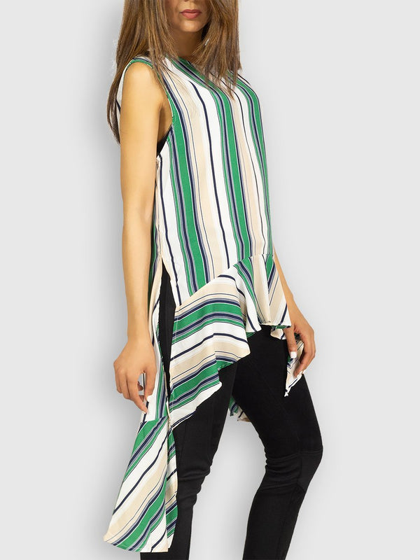 Fash Official Tops Funky Irregular Vertical Green and Cream Stripe Top